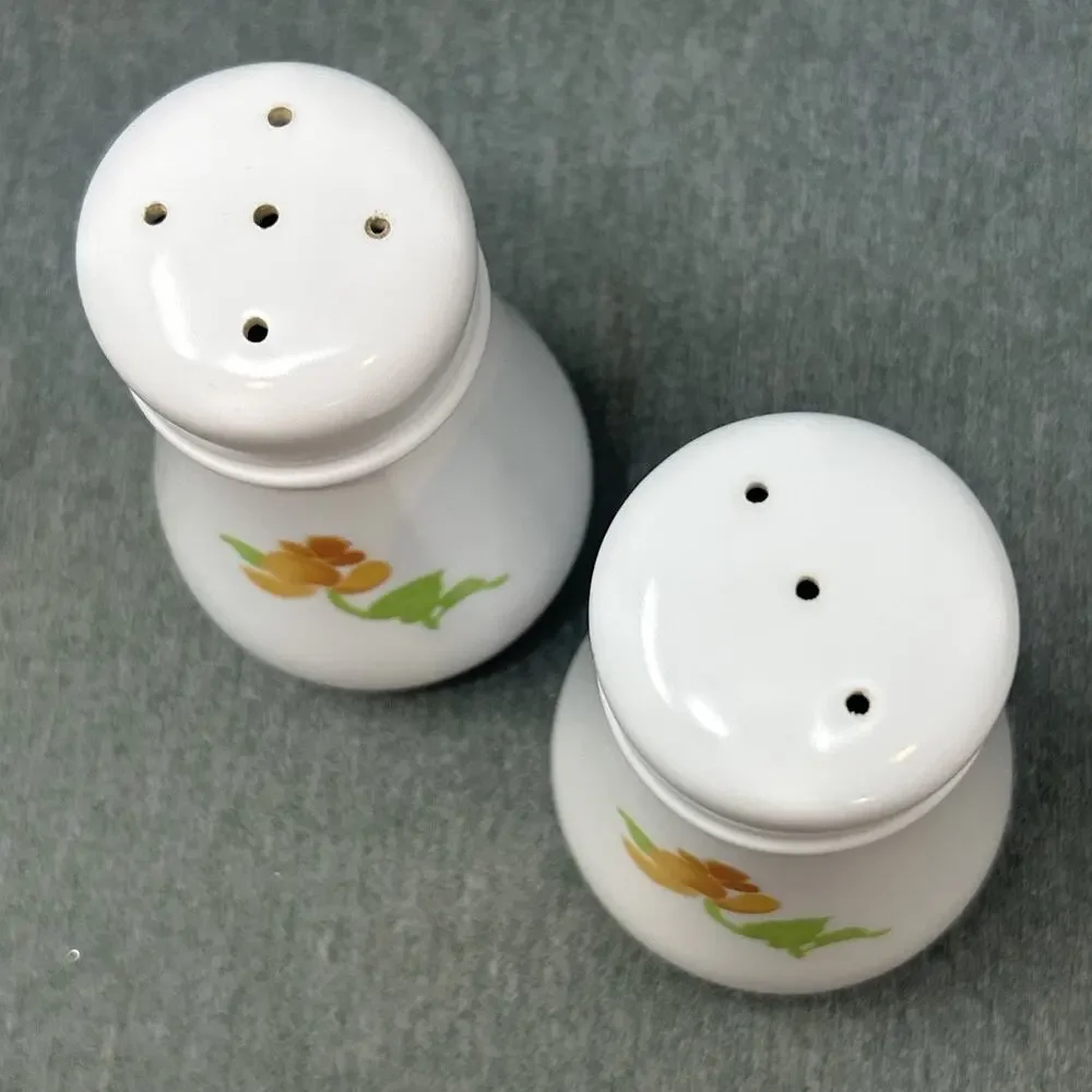 Vintage Noritake Japan Flower Power Salt and Pepper Shakers Milk Glass Orange